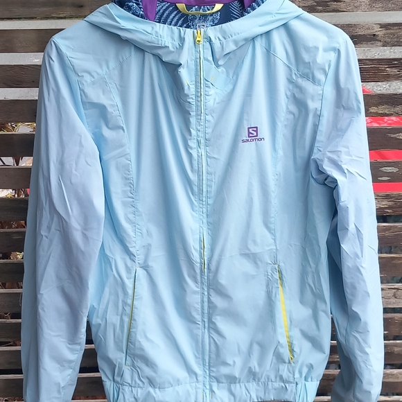 Salomon Light Blue Hooded Windbreaker Jacket, Womens M - Picture 2 of 8